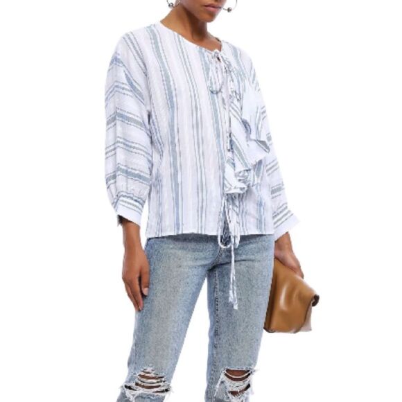 Antik Batik Serifos Ruffled Blue Striped Cotton Gauze Blouse Size L/42 - Picture 13 of 14